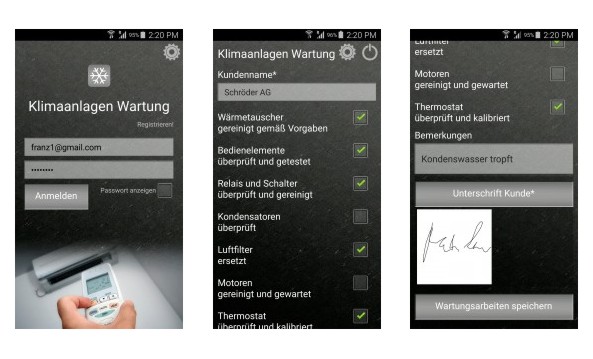 Smartphone App zur Erfassung von Wartungsarbeiten und Wartungsprotokoll im Kundendienst